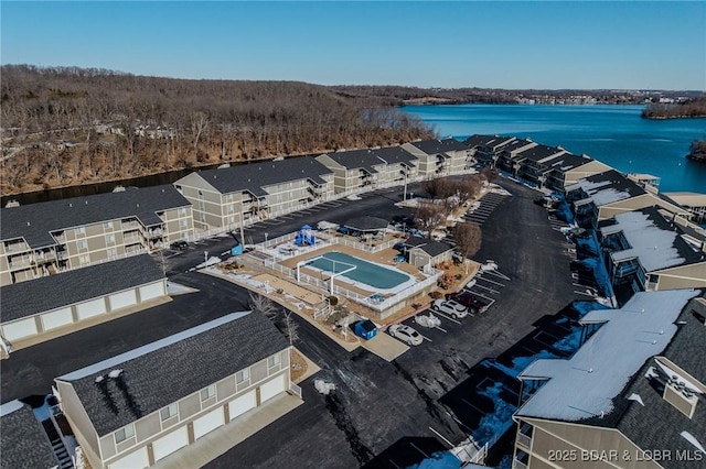 drone / aerial view featuring a water view