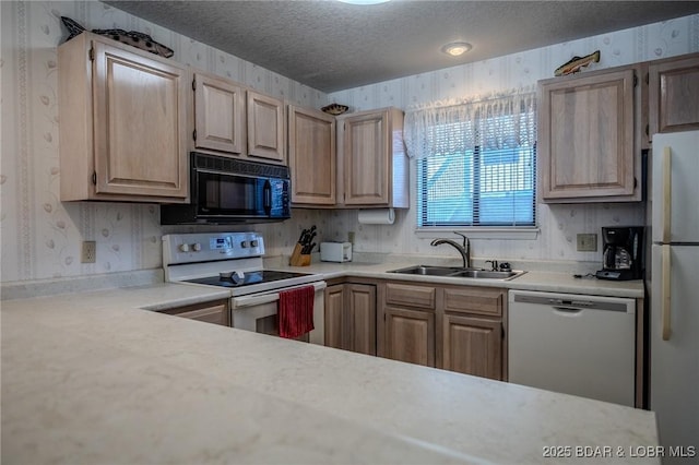 kitchen with stainless steel dishwasher, electric range, light brown cabinetry, refrigerator, and sink