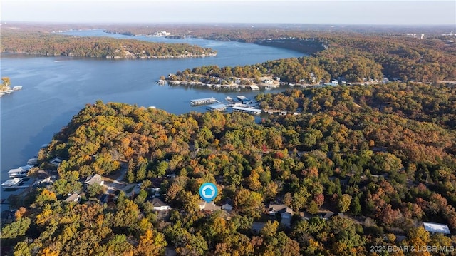 birds eye view of property featuring a wooded view and a water view