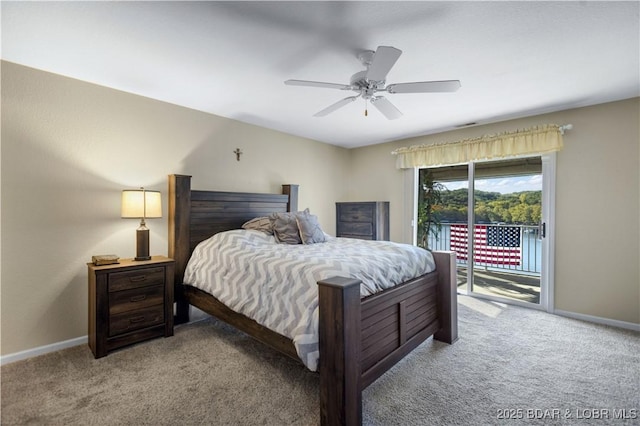 bedroom with ceiling fan, light colored carpet, and access to outside