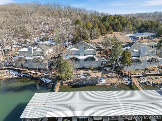 bird's eye view with a water view