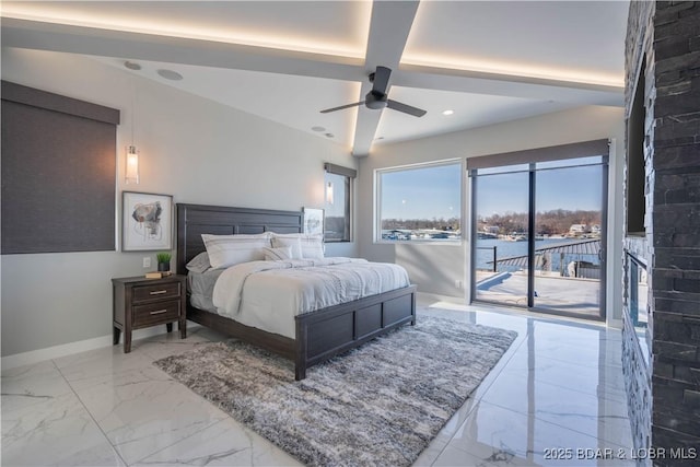 bedroom featuring ceiling fan and access to exterior