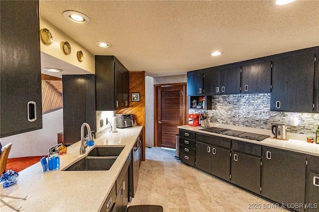 kitchen featuring a textured ceiling, black electric stovetop, dishwasher, sink, and backsplash