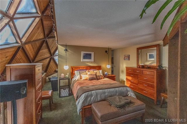 bedroom featuring dark carpet, wood walls, and vaulted ceiling