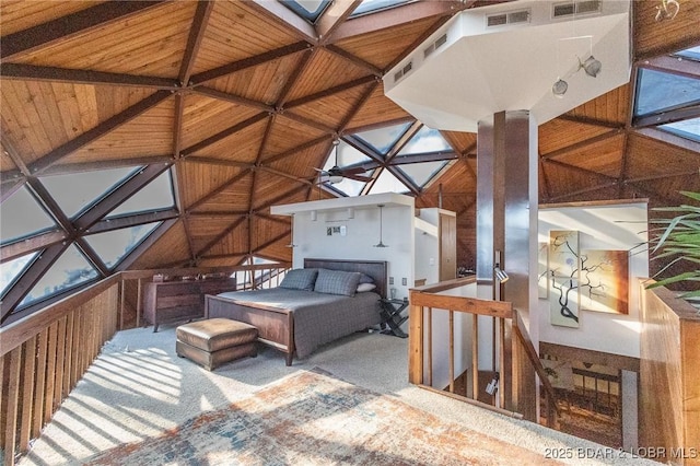 carpeted bedroom featuring wood ceiling, beamed ceiling, and wooden walls