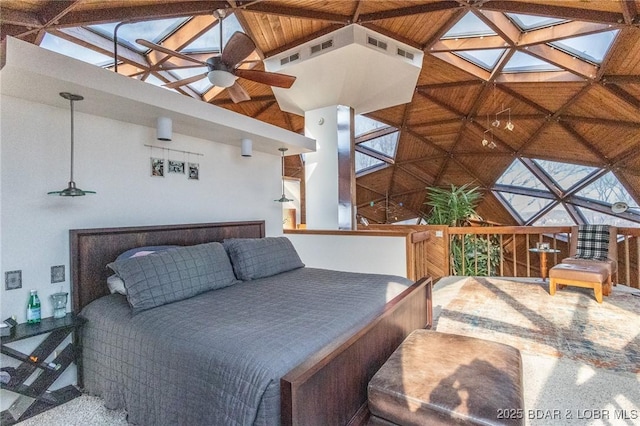 bedroom featuring high vaulted ceiling and wooden ceiling