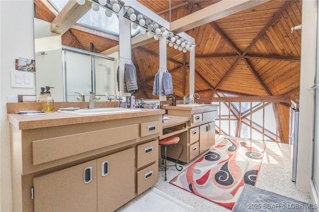 bathroom with wood ceiling, sink, and lofted ceiling with beams