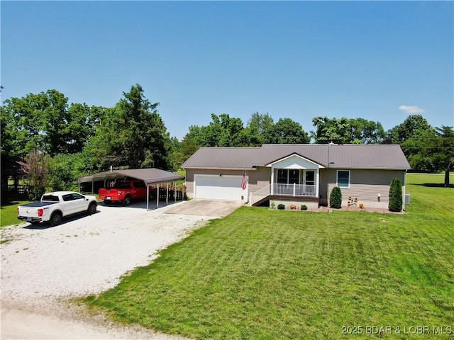 ranch-style home featuring a garage, a front lawn, a porch, and a carport