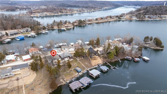 drone / aerial view with a water view