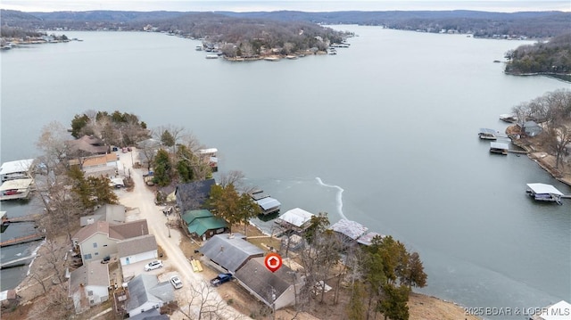 birds eye view of property with a water view