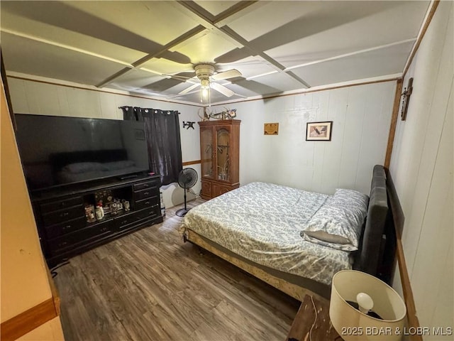23731 Grant Rd, Barnett, MO 65011 - bedroom with wood finished floors, coffered ceiling, and a ceiling fan