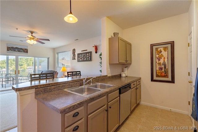 kitchen featuring decorative light fixtures, sink, kitchen peninsula, ceiling fan, and stainless steel dishwasher