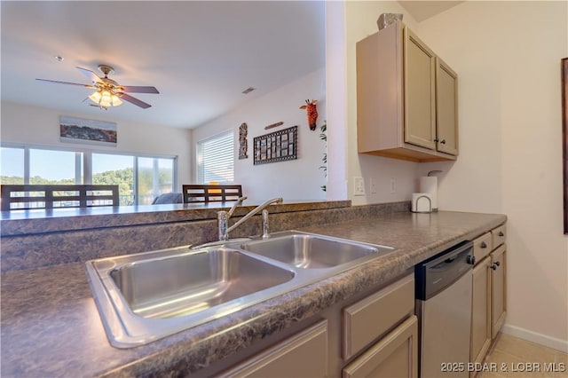 kitchen featuring ceiling fan, sink, stainless steel dishwasher, and light tile patterned flooring