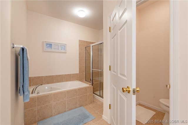 bathroom with toilet, tile patterned floors, and shower with separate bathtub