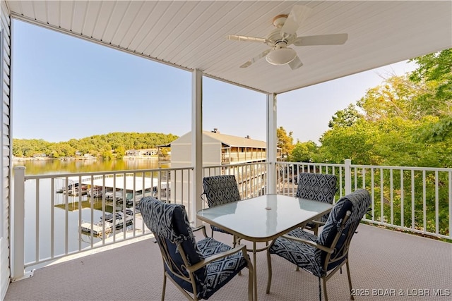 balcony featuring ceiling fan and a water view