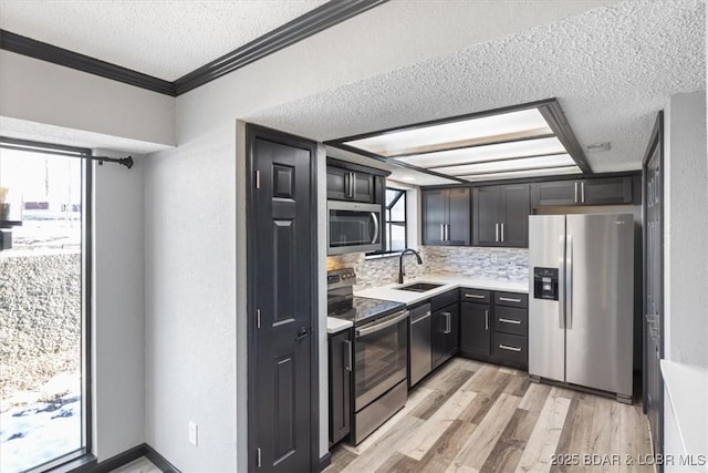 kitchen with sink, crown molding, light hardwood / wood-style flooring, stainless steel appliances, and backsplash