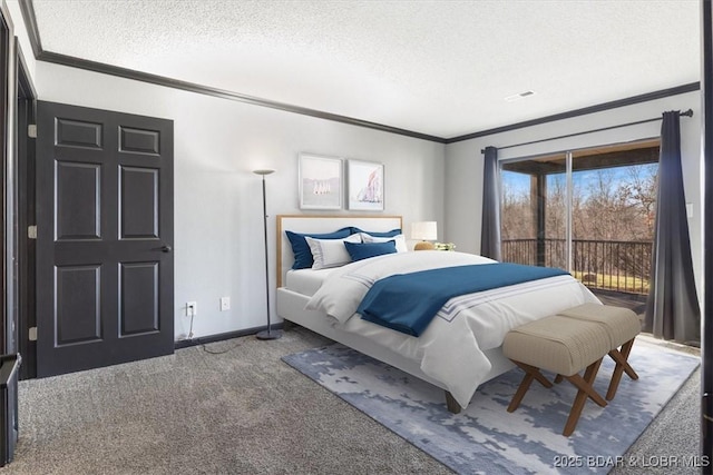 carpeted bedroom with access to exterior, ornamental molding, and a textured ceiling