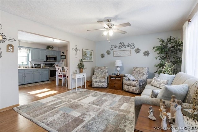 living room featuring ceiling fan, wood-type flooring, and a textured ceiling