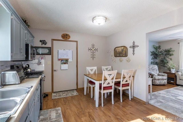 kitchen with appliances with stainless steel finishes, decorative backsplash, a textured ceiling, light hardwood / wood-style flooring, and sink