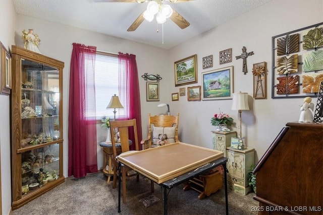 carpeted home office with ceiling fan and a textured ceiling