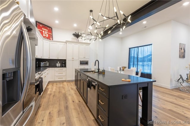 kitchen featuring white cabinetry, a center island with sink, appliances with stainless steel finishes, tasteful backsplash, and sink