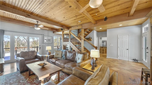 living room featuring beam ceiling, ceiling fan, and wood ceiling