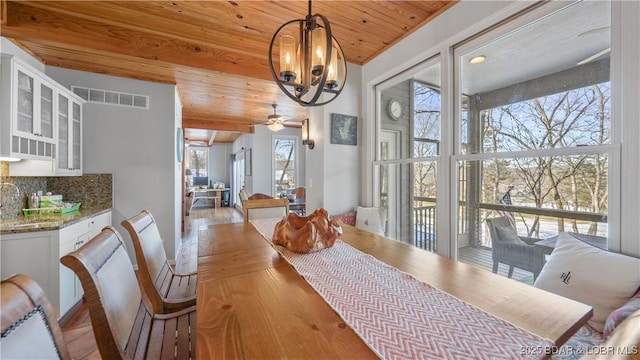 dining space with wood ceiling, wood finished floors, ceiling fan, and a chandelier