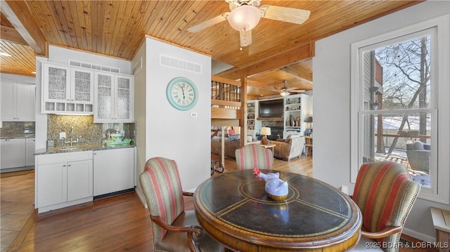 dining area with ceiling fan, light hardwood / wood-style floors, beam ceiling, sink, and wood ceiling