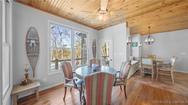 dining area with ceiling fan with notable chandelier, wooden ceiling, and light hardwood / wood-style flooring