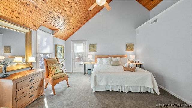 bedroom featuring wood ceiling, high vaulted ceiling, carpet floors, baseboards, and a ceiling fan