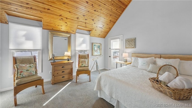 carpeted bedroom with wood ceiling, baseboards, multiple windows, and high vaulted ceiling