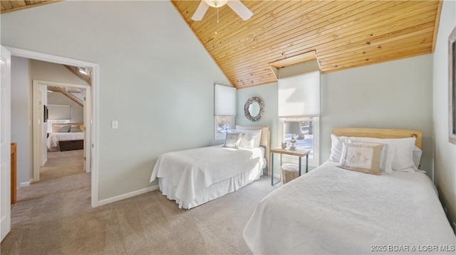 bedroom with ceiling fan, high vaulted ceiling, light carpet, and wood ceiling