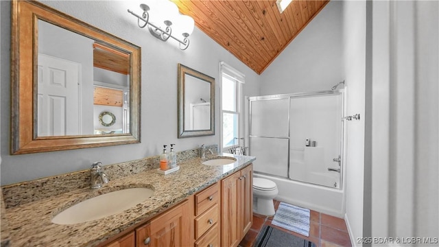 bathroom with wood ceiling, lofted ceiling, double vanity, enclosed tub / shower combo, and toilet