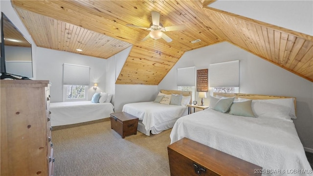 carpeted bedroom with wood ceiling, lofted ceiling, and ceiling fan