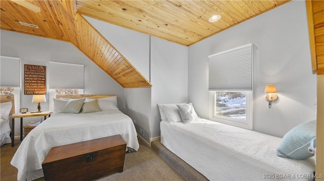 bedroom featuring carpet and wooden ceiling