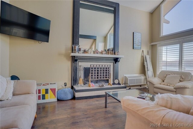 living room featuring an AC wall unit and dark hardwood / wood-style floors