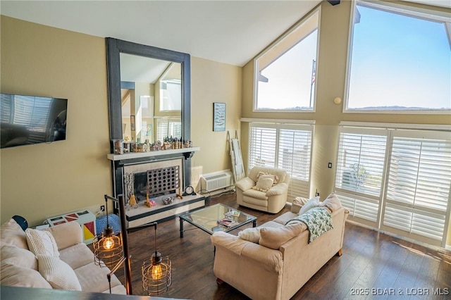 living room with high vaulted ceiling, dark hardwood / wood-style flooring, and a wall mounted air conditioner