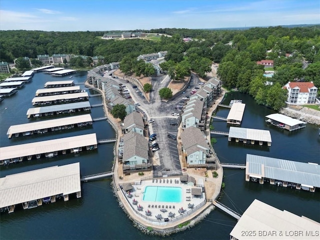 drone / aerial view featuring a water view