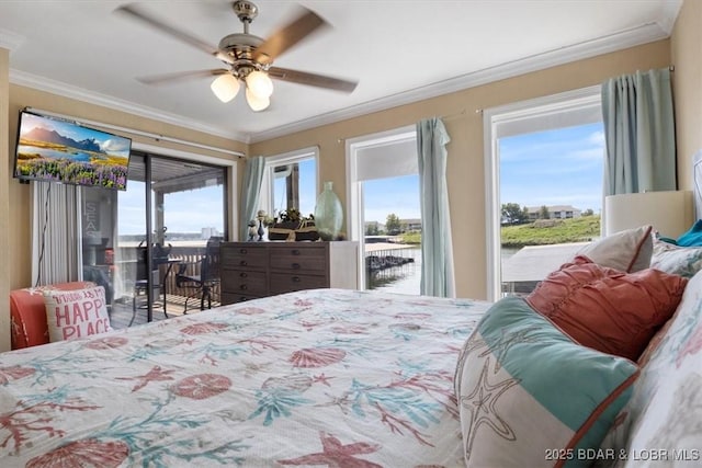 bedroom with ceiling fan, access to exterior, crown molding, and a water view