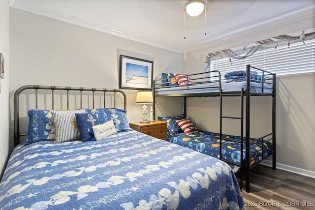 bedroom featuring ceiling fan, hardwood / wood-style flooring, and ornamental molding