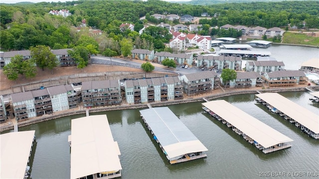 bird's eye view with a water view and a wooded view