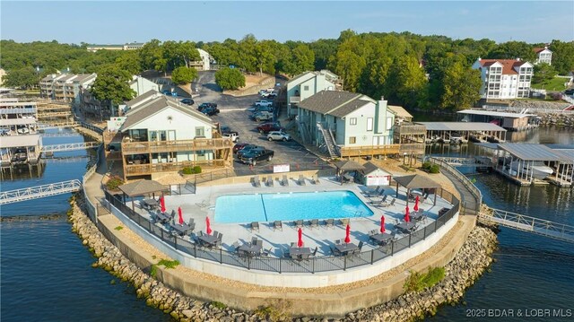 drone / aerial view featuring a water view