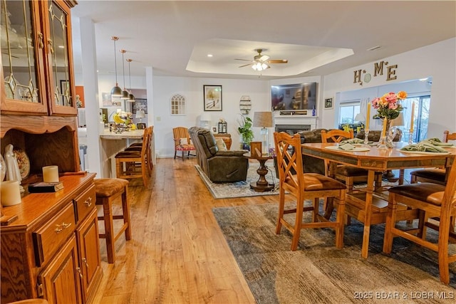 dining room featuring a ceiling fan, a raised ceiling, light wood-style floors, and a fireplace