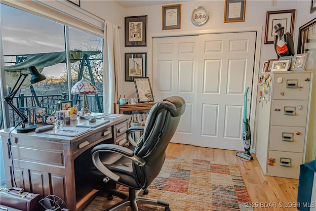 office space with light hardwood / wood-style flooring