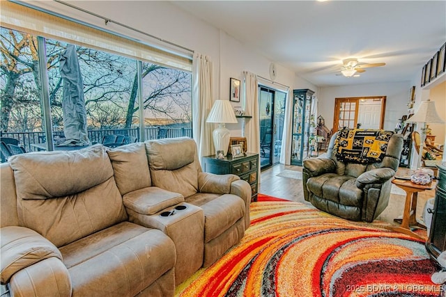 living room featuring ceiling fan and wood finished floors