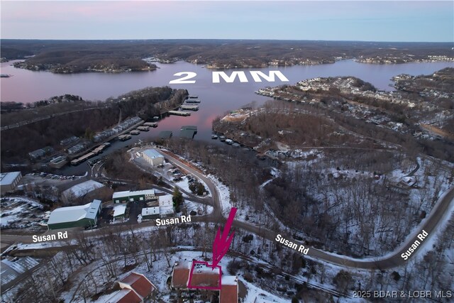 snowy aerial view featuring a water view