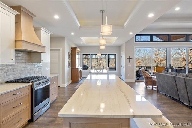 kitchen with a spacious island, premium range hood, a raised ceiling, pendant lighting, and stainless steel gas stove