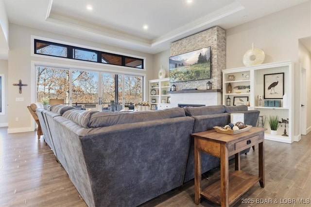 living room with a large fireplace, hardwood / wood-style flooring, and a raised ceiling