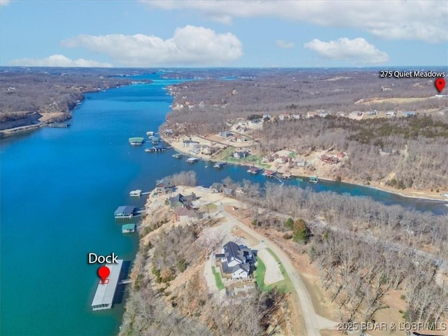 aerial view featuring a water view