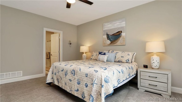 bedroom with ceiling fan and carpet floors